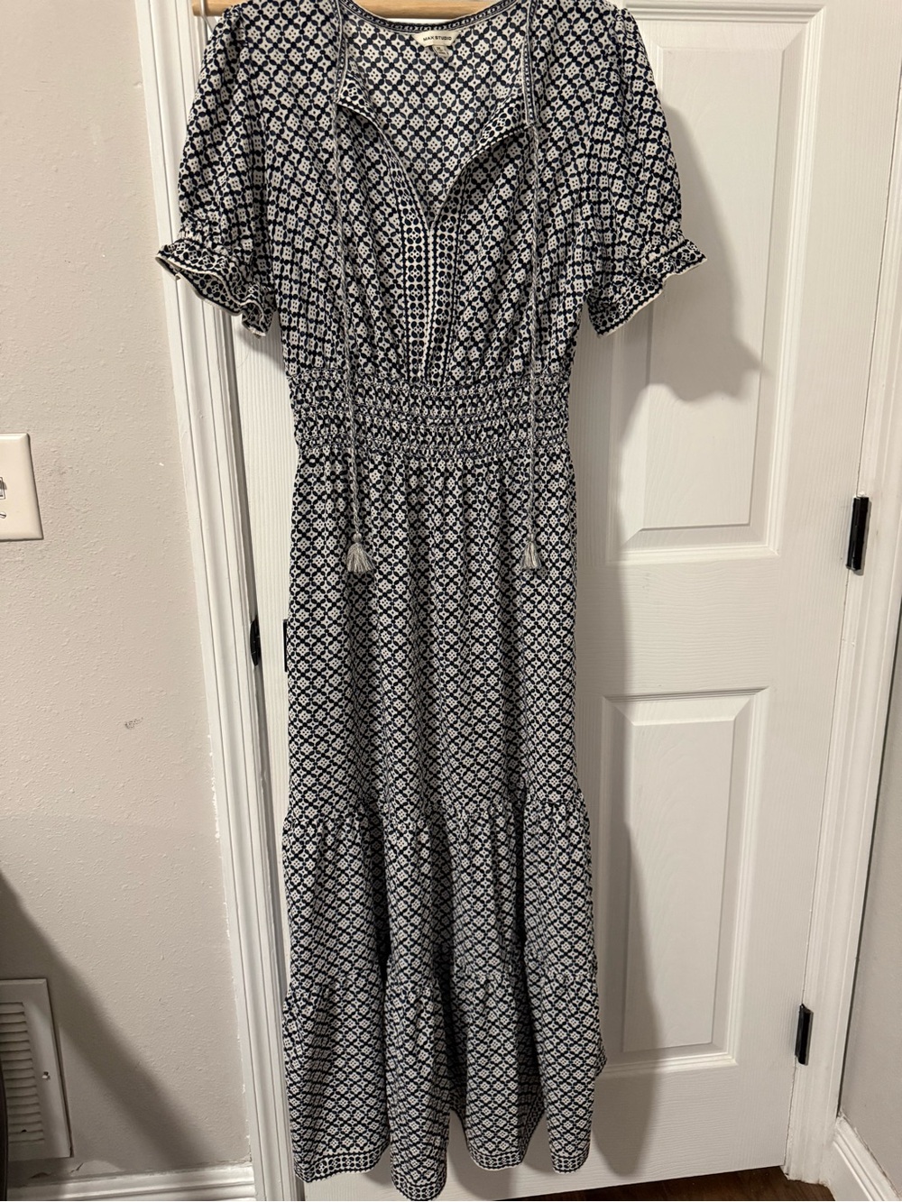 Max Studio Black and White Tassel Smocked Maxi Dress